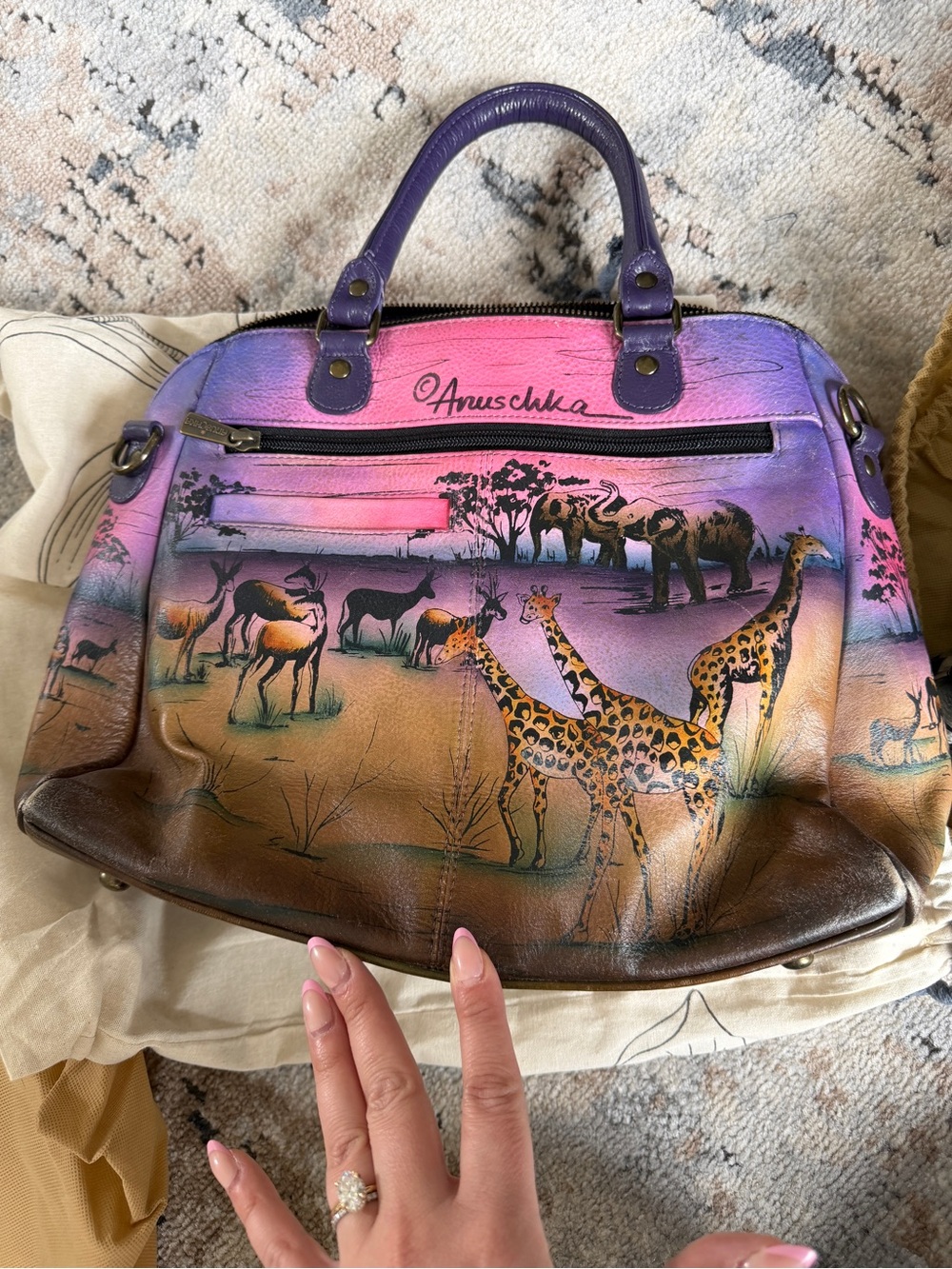 Anuschka Hand-Painted Safari Leather Satchel – Purple, Pink, Orange - Picture 2 of 2